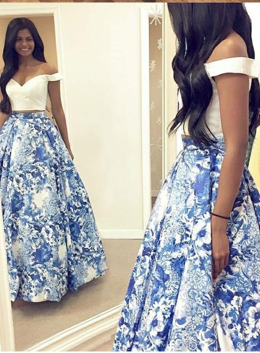 A Line Two Pieces Floral Off the Shoulder V Neck White Long Floor Length Prom Dresses WK771