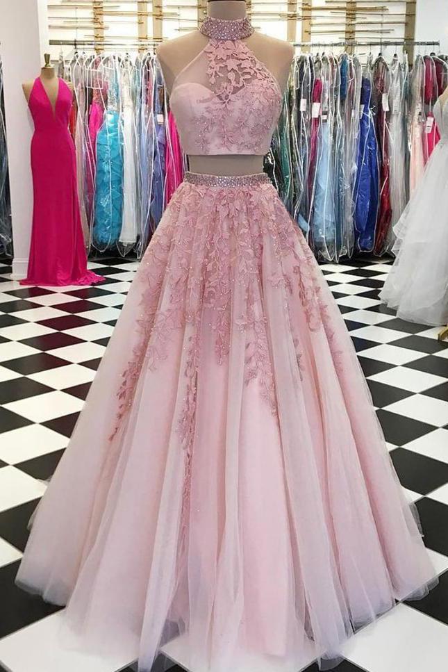 Elegant A Line Two Piece Dusty Rose Beaded Tulle High Neck Lace Long Prom Dresses WK864