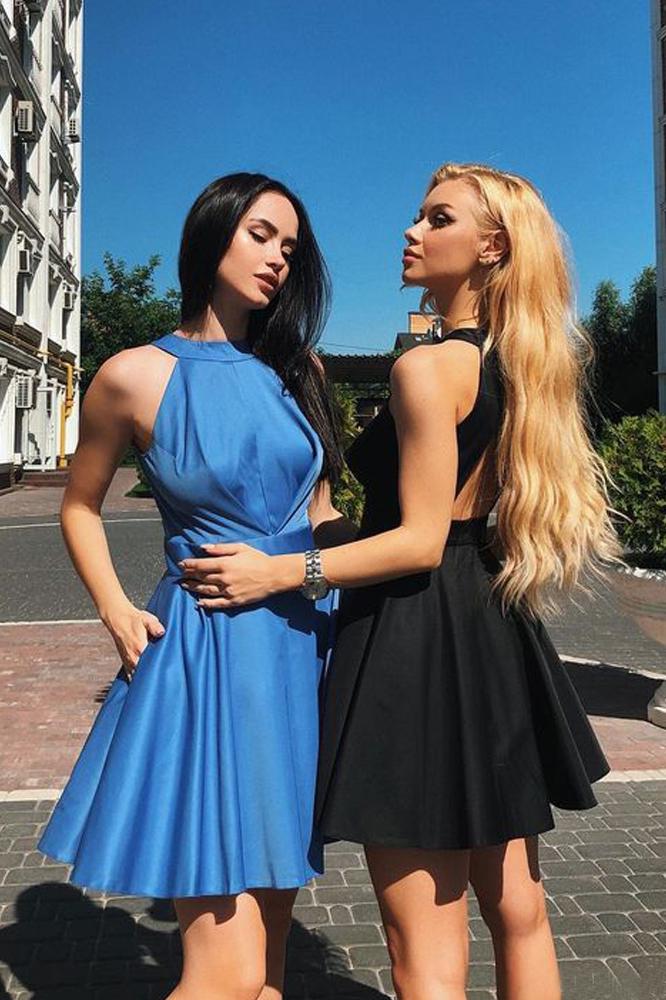 Simple A Line Halter Open Back Satin Blue Short Homecoming Dresses with Pockets WK945