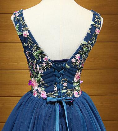 Cute A Line Navy Blue V Neck Short Prom Dresses Flower Lace up Homecoming Dresses WK957