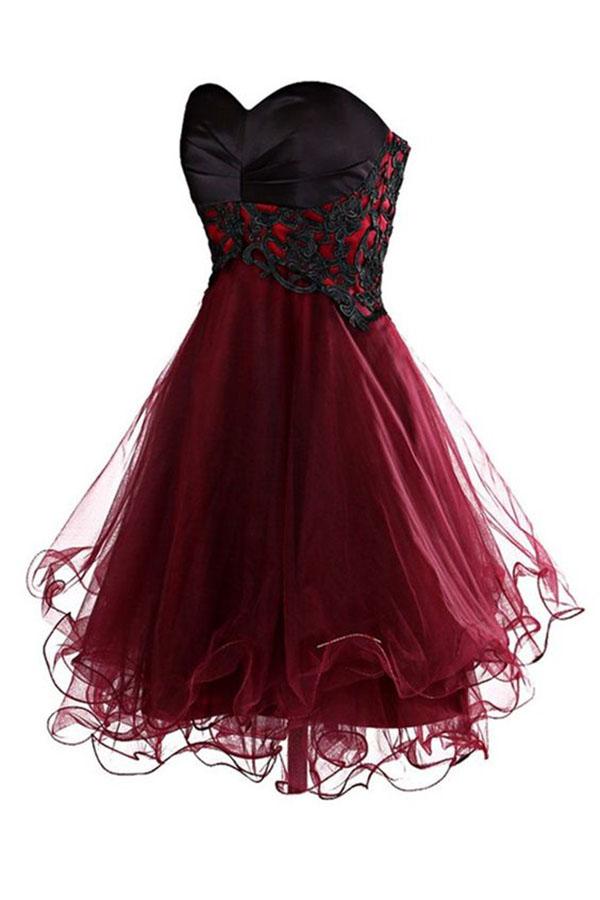Lovely Cute Appliques Burgundy Sweetheart Organza Lace up Short Homecoming Dress WK689