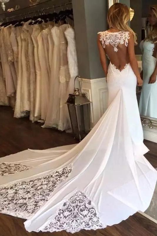 Elegant Sleeveless Mermaid Sheath Backless Sweetheart Applique Lace Wedding Dresses WK235