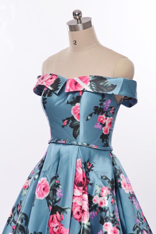 Elegant A-Line Off the Shoulder Sweetheart Lace up Satin with Flowers Prom Dresses WK514