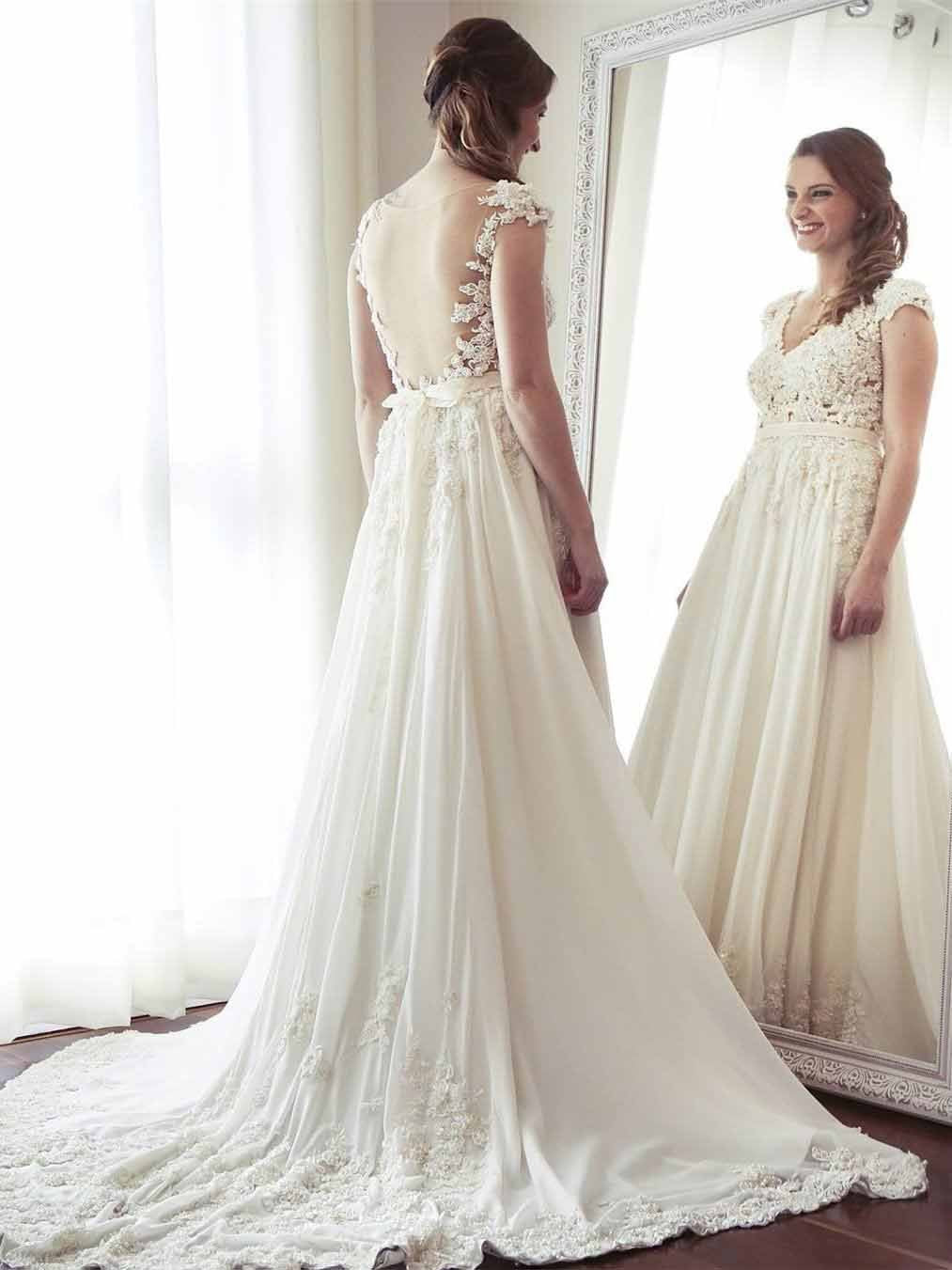 A-Line V-Neck Chiffon with Lace Appliqued Cap Sleeves Ivory Chapel Train Wedding Dresses WK883