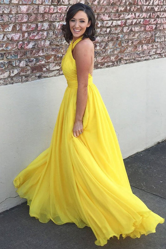 Princess Chiffon A-line Halter Long Yellow Backless Sleeveless Prom Dresses WK423