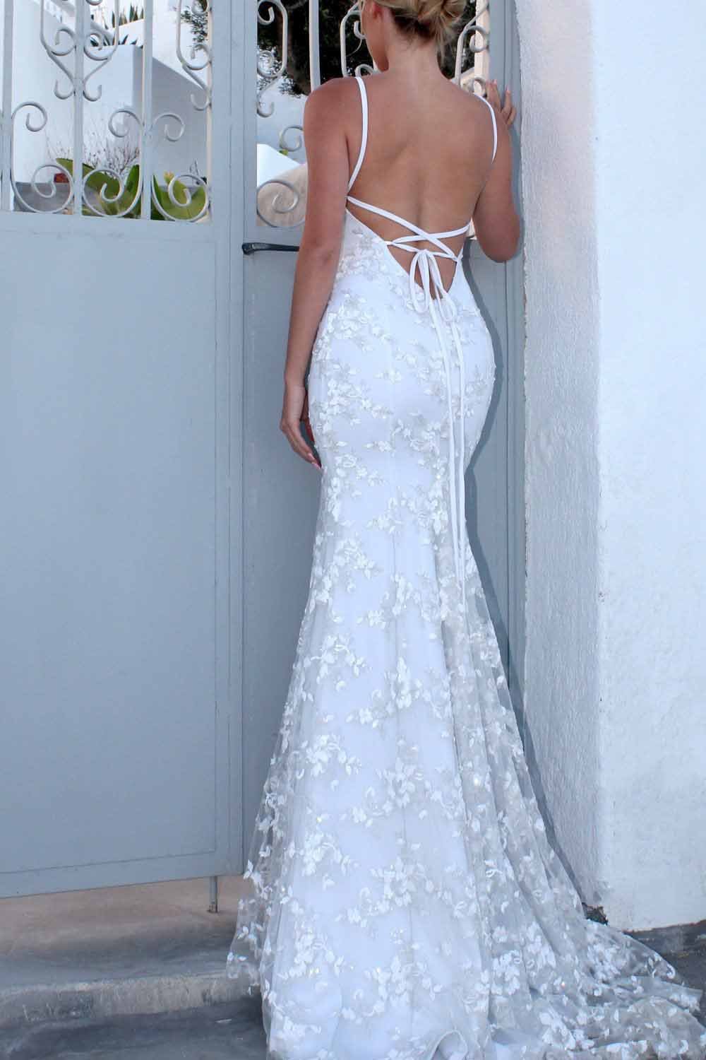 Sexy Backless Off White Mermaid Lace V Neck Wedding Dresses Long Prom Dresses WK354