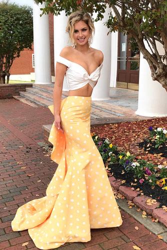 Two Piece Off-the-Shoulder White and Yellow Zipper V-Neck Mermaid Long Prom Dresses WK63