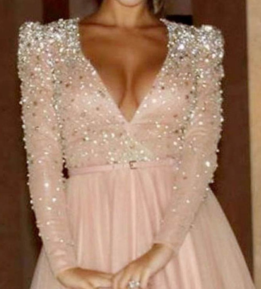 Elegant A Line Long Sleeve Deep V Neck Pink Beads Tulle Long Prom Dresses WK985