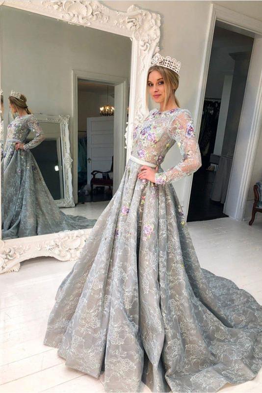 A Line Long Sleeve High Neck Beads Grey Beads Flowers Party Dresses Prom Dresses WK313
