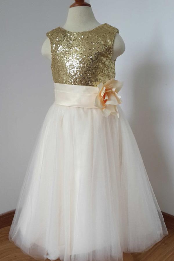 Gold Sequin Cream Tulle Ivory Scoop Flower Girl Dress with Flower Dress for Wedding Party WK775
