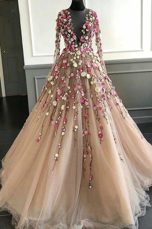 Elegant Floral Scoop Lace Long Sleeve Pink Prom Dresses with Tulle Long Evening Dresses WK990