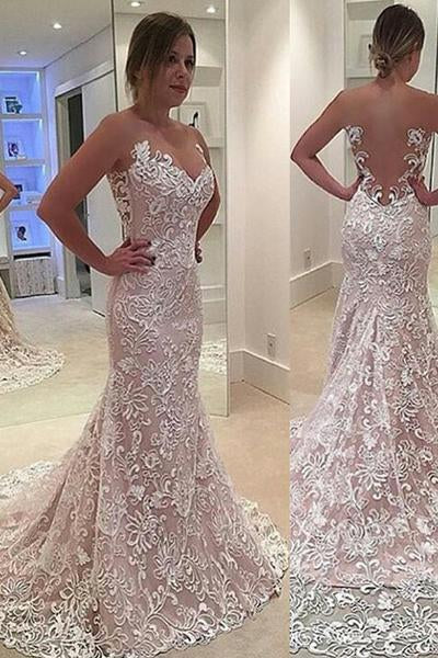Elegant Mermaid Sleeveless Lace Sweetheart Strapless Appliques Wedding Dress With Court Train WK380