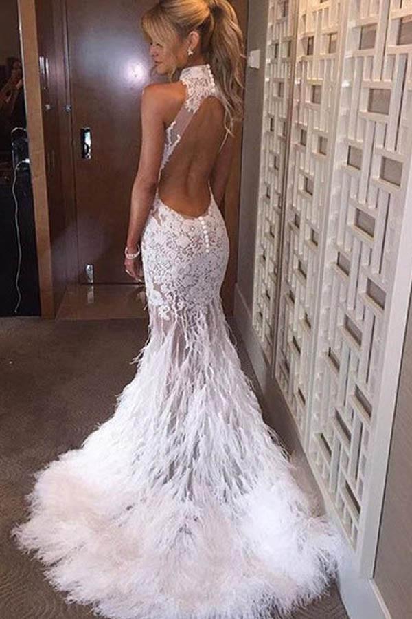 Halter Neck Feather Mermaid Appliques White Prom Dress With Court Train Prom Dresses uk