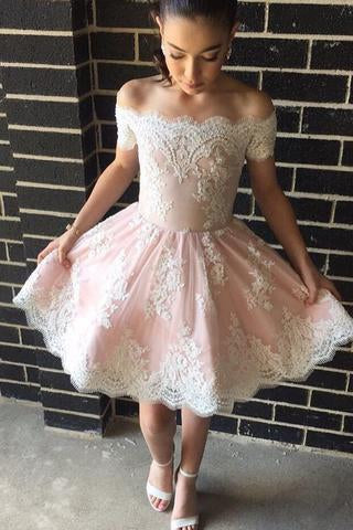 Cute A-line Off-the-shoulder Pink Short Prom Dress with Lace Appliques WK318