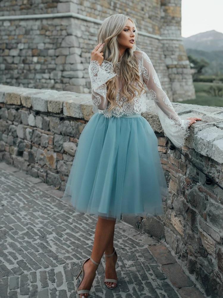 High Fashion Two-Piece Long Sleeves Homecoming Dress White Lace Top with Tutu Skirt WK122