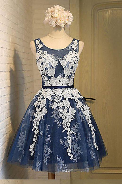 A-line Scoop Knee-length Open Back Navy Blue Organza Homecoming Dress with Appliques WK171