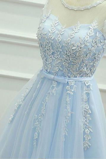 A-Line Appliques Light Sky Blue Cheap Short Tulle Homecoming Dress for Teens WK133