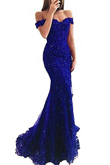 Blue Off the Shoulder Long Lace Appliques Mermaid Beads Prom Dresses Evening Dresses WK335
