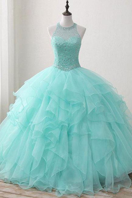 Ball Gown Long Green Sleeveless Open Back Lace up Beads High Neck Prom Dresses WK422