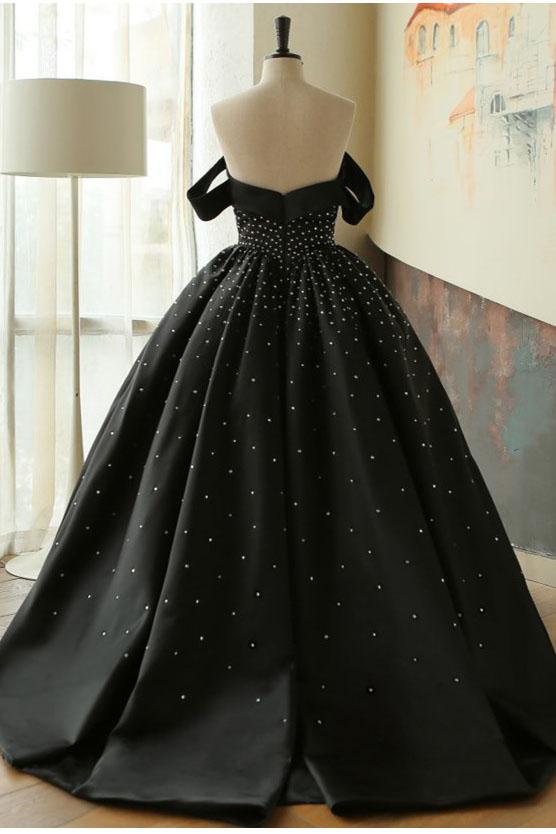Ball Gown Black Sweetheart Off the Shoulder Satin Beading Prom Quinceanera Dresses WK67