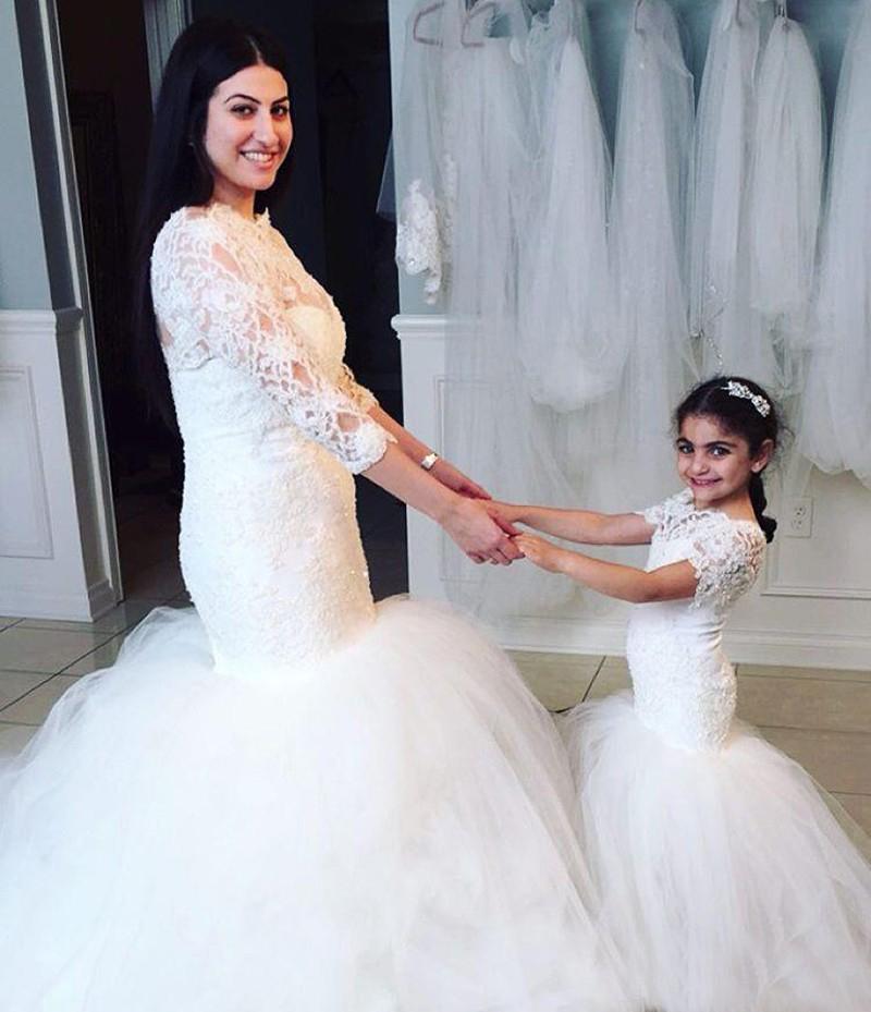 Long Short Sleeves Mermaid Lace Appliques Tulle Flower Girl Dress Wedding Party Dress WK119