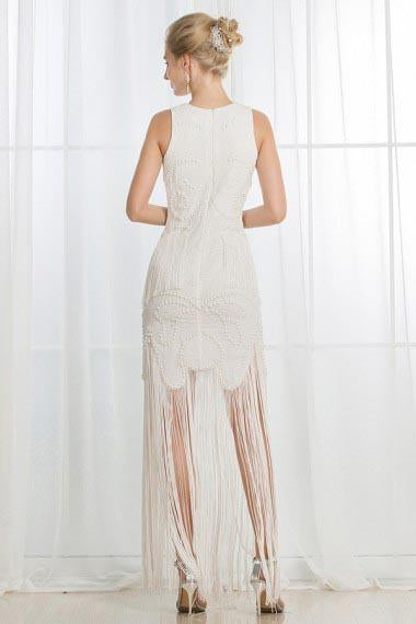 A-Line Jewel Ivory Scoop Satin Beading Tassel Sleeveless Appliques Wedding Dresses WK272