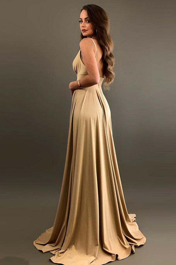 Elegant A-Line V-Neck Elastic Satin Backless Ruffles Sleeveless Bridesmaid Dress with Split WK757