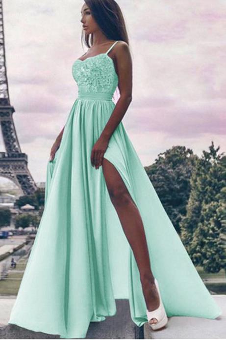 A Line Spaghetti Straps High Slit Sweetheart Chiffon Lace Appliques Prom Dresses WK310