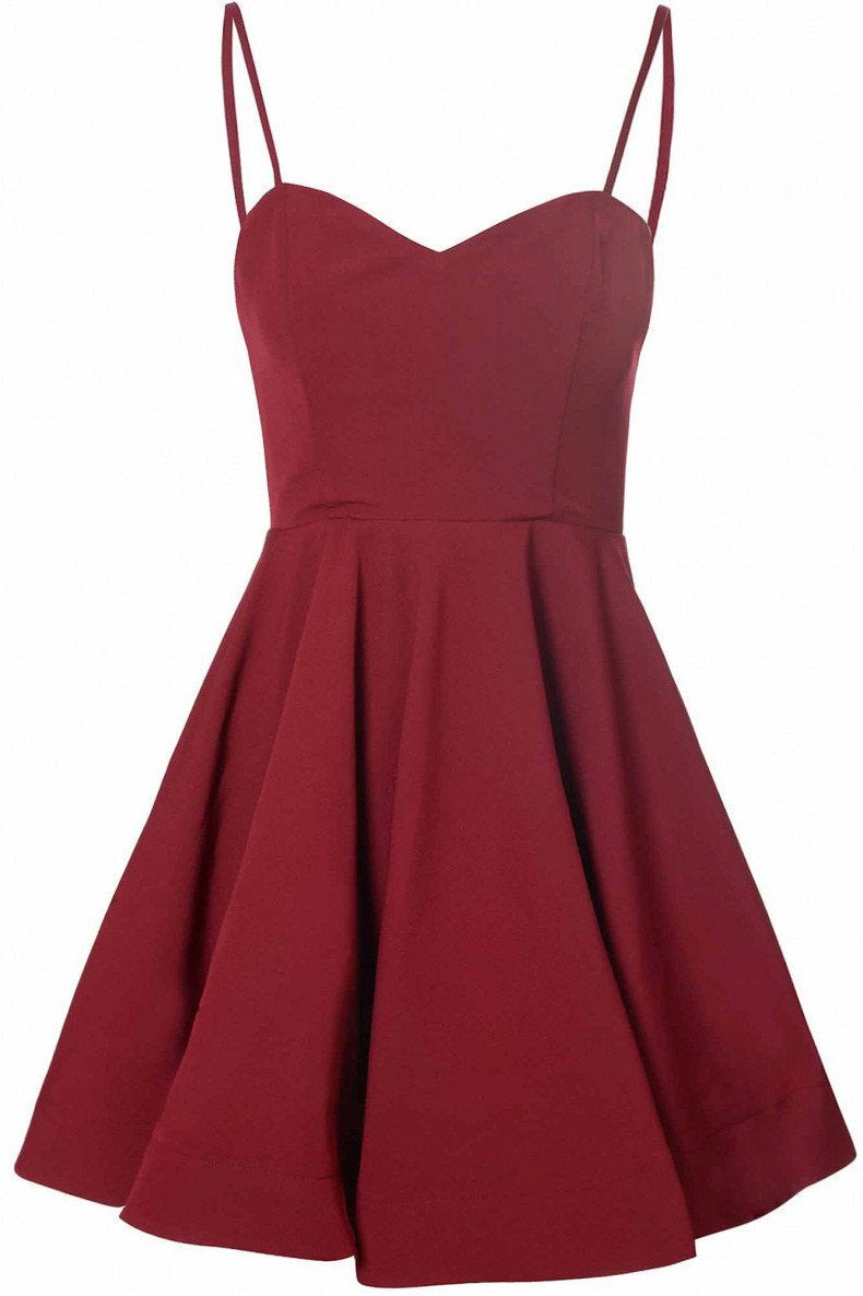 Simple A-Line Spaghetti Straps Satin Burgundy Short Homecoming Dress With Pleats WK13