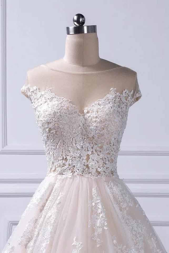 Unique A Line Lace Appliques Cap Sleeves Ivory V Neck Beads Wedding Dresses WK839