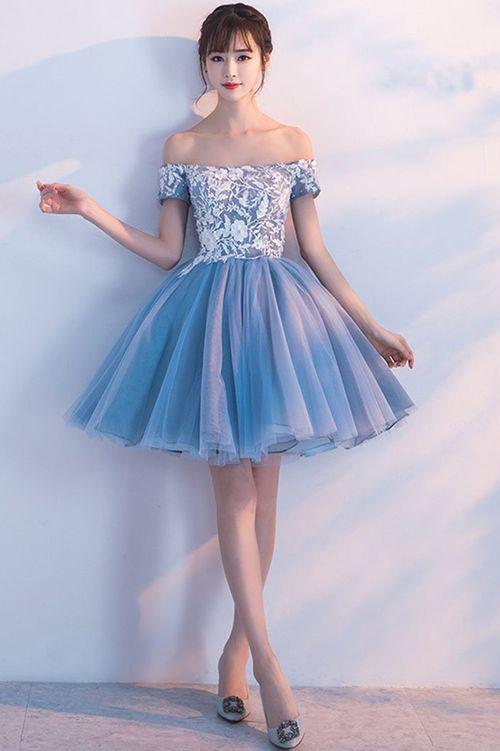 Cute A Line Off the Shoulder Above Knee Blue Short Prom Dresses Homecoming Dresses WK946