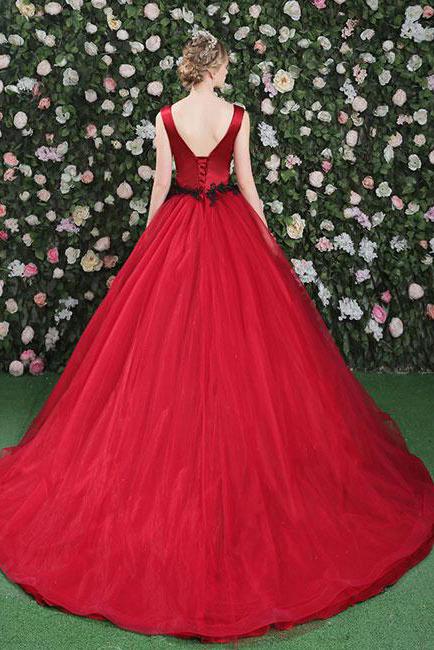 Gorgeous Ball Gowns Red Flowers Scoop Sleeveless Tulle Lace up Beads Prom Dresses WK299