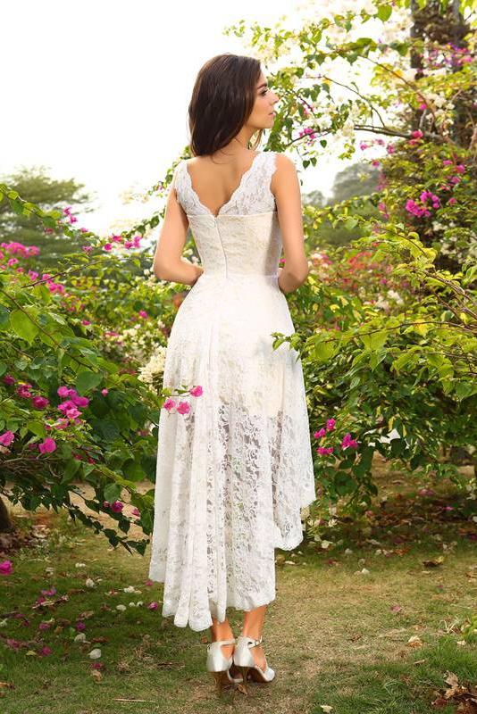 A-Line Princess V-Neck Lace Sleeveless Asymmetrical Lace High Low Bridesmaid Dresses WK286