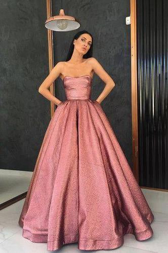 Unique Strapless A Line Long Pink Satin Floor Length With Pockets Prom Dresses WK123