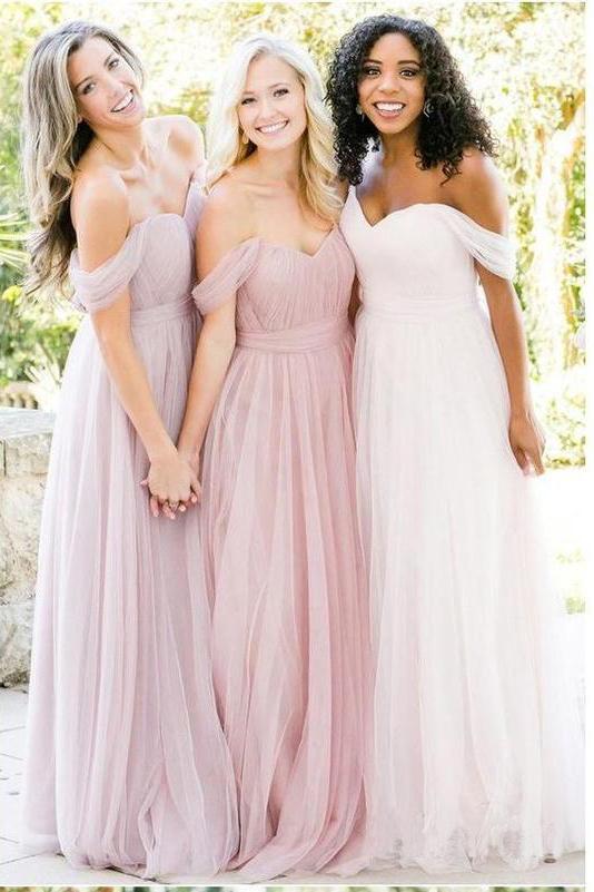 New Style A Line Tulle Sweetheart Off the Shoulder Long Ruffles Bridesmaid Dresses WK286