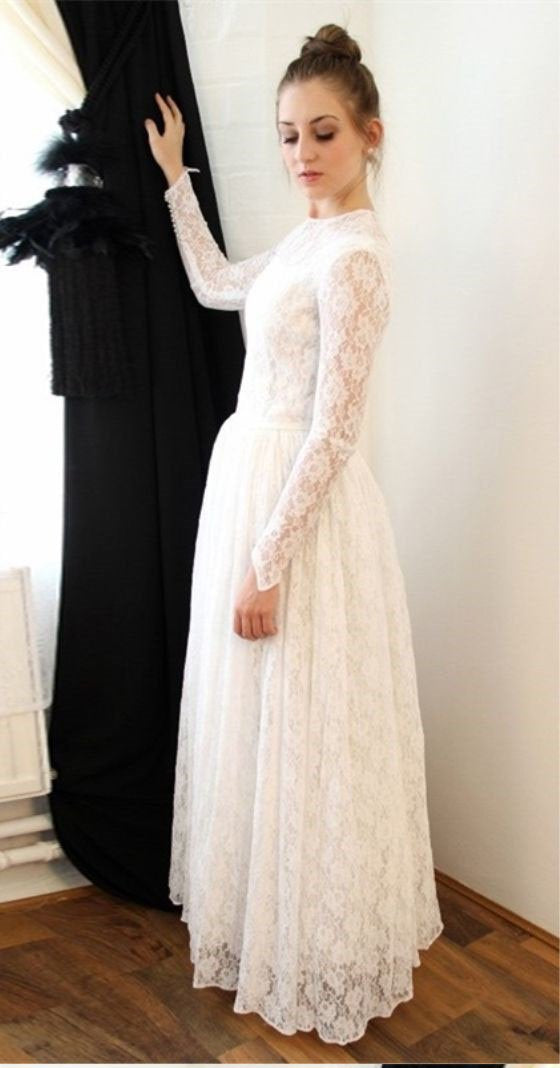 Elegant Princess Long Sleeve A Line Lace High Neck Ivory Long Wedding Dresses WK65