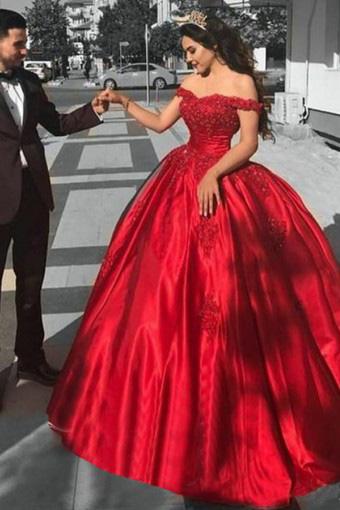 Ball Gown Off the Shoulder Red Satin Lace up Quinceanera Dresses with Appliques WK101