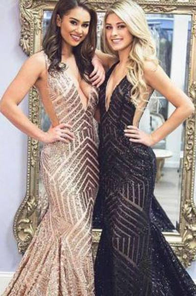 Sexy Deep V-Neck Rose Gold Sequins Mermaid Black Long Backless Prom Dresses WK425