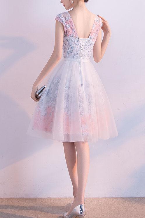A line Short Appliques Tulle Lace Round neck Knee length Pink Homecoming Dress WK187