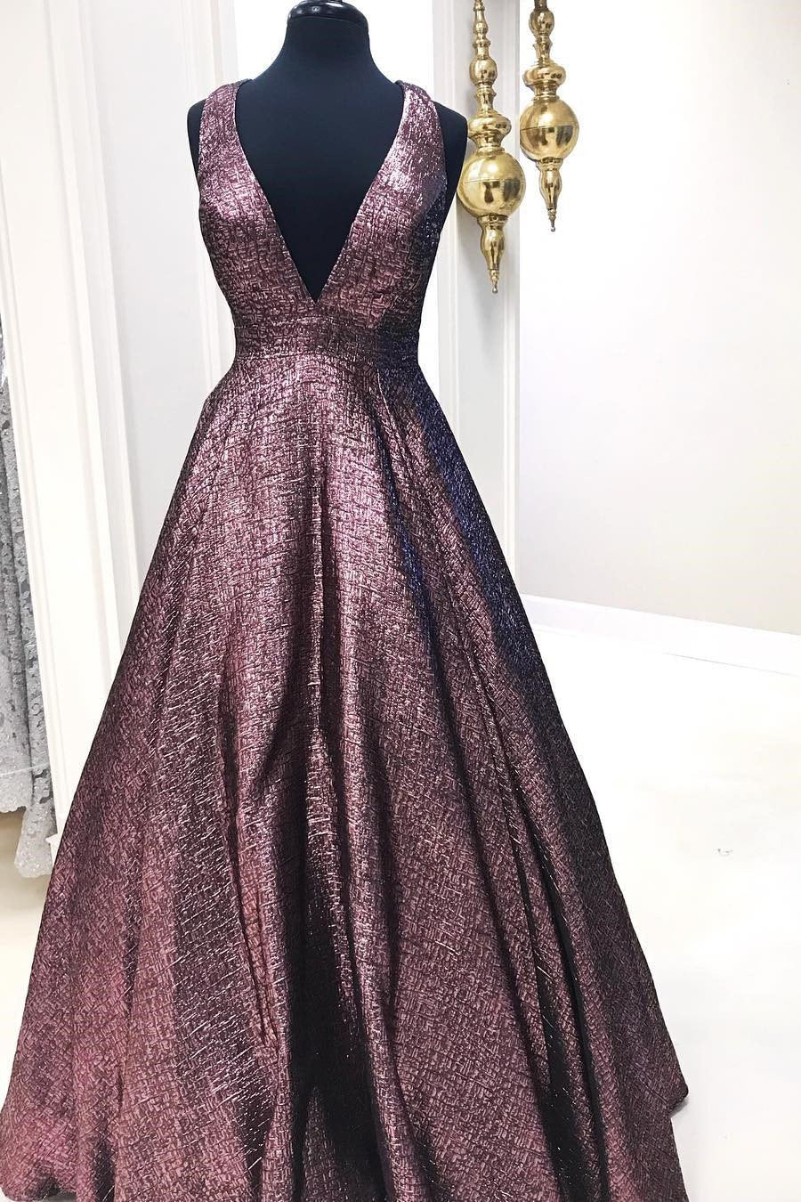 Elegant Deep V Neck Chocolate Brown Long Ball Gown Prom Dresses with Pockets WK842