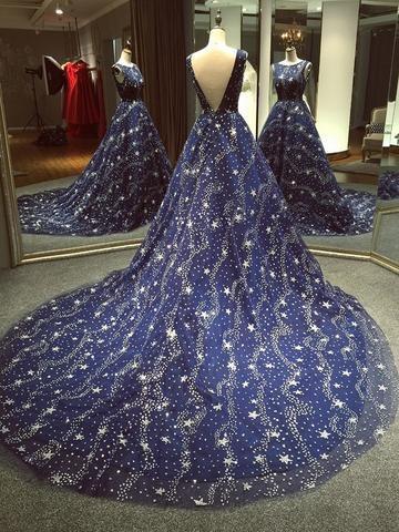 Chic Ball Gown Dark Navy Scoop Sweep Train Tulle Modest Rhinestone Long Prom Dresses WK210