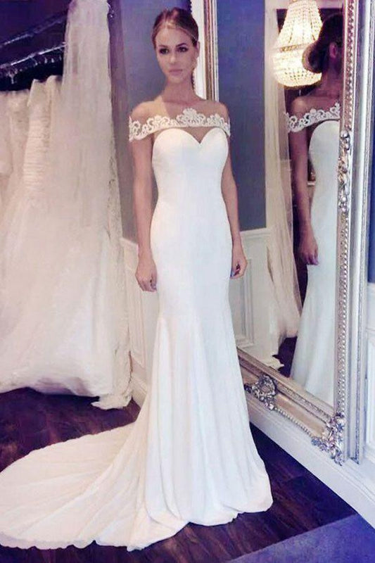 Elegant Off the shoulder Mermaid Long White Wedding Dress with Train WK131
