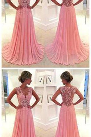 Gorgeous Pink Lace Long Sweetheart Cap Sleeve A-Line Beads Chiffon Prom Dresses WK12