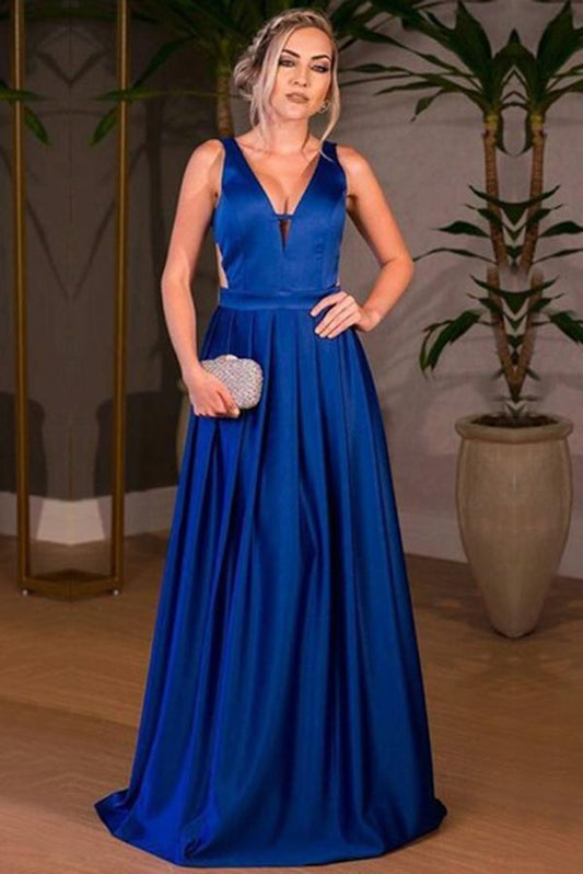 Royal Blue Satin V-neck A-line Floor-length Ruched Backless Prom Dresses WK610