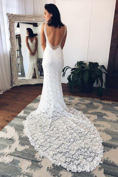 Elegant Mermaid Deep V-Neck Court Train Split-Front Backless White Lace Wedding Dresses WK273