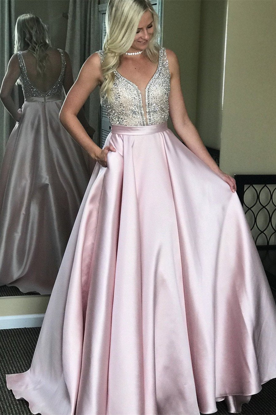 Beaded Satin Ball Gown Backless V Neck Sparkly Long Prom Dresses with Pockets WK94