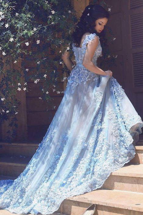 Elegant Spaghetti Straps Lace Flower Light Blue Sleeveless Zipper Tulle Prom Dresses WK260