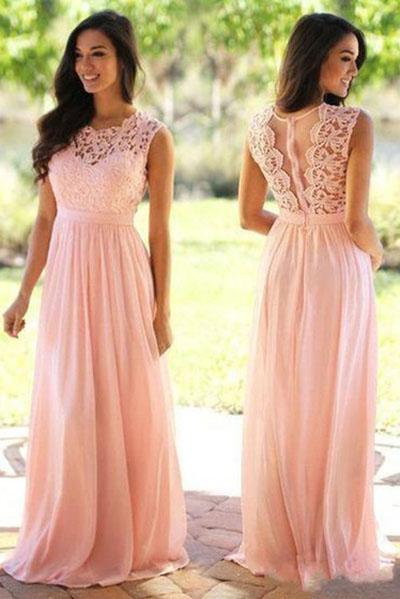 Affordable A-line Scoop Neck Lace Cap Sleeve Chiffon Floor-length Prom Dresses WK472