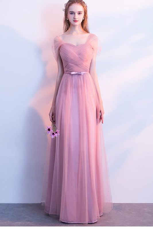 Elegant A-Line Pink Tulle Off the Shoulder Sweetheart Lace up Prom Bridesmaid Dresses WK572