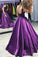 Ball Gown V-Neck Sweep Train Satin Sleeveless Bateau Purple Backless Prom Dresses WK420